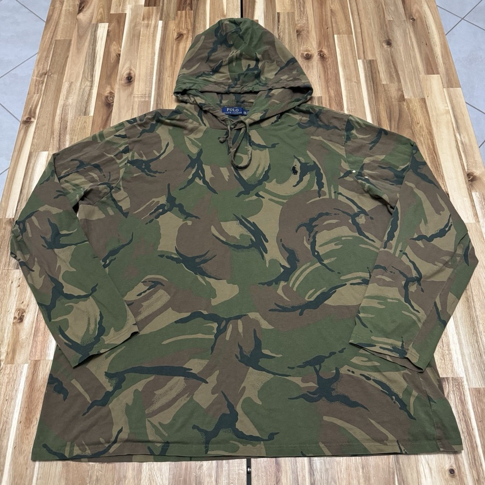 Polo Ralph Lauren Hoodie Mens 2XL Lightweight Camo Jersey Pullover Tshirt Pony